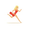 Female lifeguard in a red swimsuit running with life preserver buoy, rescuer professional vector Illustration Royalty Free Stock Photo