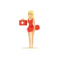 Female lifeguard in a red swimsuit standing with life preserver buoy and first aid kit, rescuer professional vector