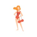 Female lifeguard in a red swimsuit standing with life preserver buoy, professional rescuer character working on the