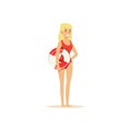 Female lifeguard in a red swimsuit standing with lifebuoy, rescuer professional vector Illustration