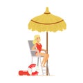 Female lifeguard in a red swimsuit watching situation on the beach, rescuer professional vector Illustration