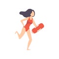 Female lifeguard running with life preserver buoy, professional rescuer character working on the beach vector