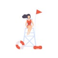 Female lifeguard sitting on lookout tower, professional rescuer character working on the beach vector Illustration on a