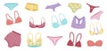 Female lingerie and underwear. Cartoon bra and trousers, string and slips. Women accessories, fashion underwears flat