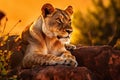 A female lion, lioness resting on the rock with watchful eyes at savannah grassland in the evening. Generative AI Royalty Free Stock Photo