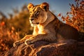 A female lion, lioness resting on the rock with watchful eyes at savannah grassland in the evening. Generative AI Royalty Free Stock Photo