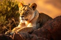 A female lion, lioness resting on the rock with watchful eyes at savannah grassland in the evening. Generative AI Royalty Free Stock Photo