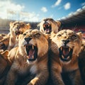 Female lionesses in a sports football soccer stadium roaring