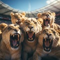 Female lionesses in a sports football soccer stadium roaring