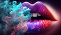 Female lips close up wearing colorful lipstick in multi colored smoke, sexy beautiful woman lips