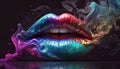 Female lips close up wearing colorful lipstick in multi colored smoke, sexy beautiful woman lips