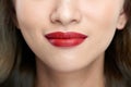 Female lips closeup. Beautiful smile of young fresh woman Royalty Free Stock Photo