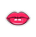 Female lips. Mouth with a kiss, smile, tongue, teeth. Vector comic illustration in pop art retro style isolated on white