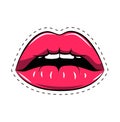 Female lips. Mouth with a kiss, smile, tongue, teeth. Vector comic illustration in pop art retro style isolated on white