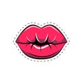 Female lips. Mouth with a kiss, smile, tongue, teeth. Vector comic illustration in pop art retro style isolated on white