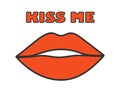 Female lips with red lipstick in a black stroke on a white background in pop art style. Kiss me. Vector Royalty Free Stock Photo