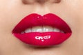 Female  lips with red  lipstick closeup Royalty Free Stock Photo