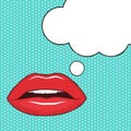 Female lips and speech bubble on turquoise background. Pop art style