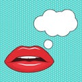 Female lips and speech bubble on turquoise background. Pop art style