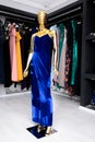 Female, long, blue, suede dress on a Golden mannequin.