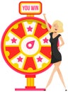 Female lucky winner with wheel of fortune. Business concept. Chance and risk, gamble and profit