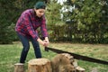 Female lumberjack cutting wood with a big hand saw