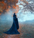 Female magician flees in the autumn orange forest, wearing a blue velvet cloak with a hood and wide sleeves. frozen