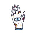 Female magician hand with all seeing eye and ornament isolated on white background. Line art vector illustration with
