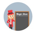 Female magician standing with magic show board