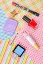 Female makeup accessories, top view. Royalty Free Stock Photo