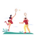 Female and male athlete play badminton in the park.