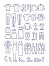 Female and male casual clothes, garment outline vector icons