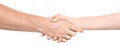 Female and male caucasian hands  isolated white background showing handshake gesture, greetings. woman and man hands showing joint Royalty Free Stock Photo