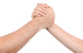 Female and male caucasian hands  isolated white background showing handshake gesture, greetings. woman and man hands showing joint Royalty Free Stock Photo