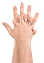 Female and male caucasian hands isolated white background showing interlocked fingers gesture. woman and man hands showing