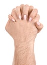 Female and male caucasian hands isolated white background showing interlocked fingers gesture. woman and man hands showing