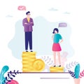 Female and male characters on piles of coins. Pay inequality between genders Royalty Free Stock Photo