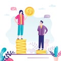 Female and male employees on piles of coins. Pay inequality between genders. Gender gap and discrimination. Equal rights and