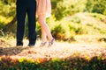 Female and male feet on grass Royalty Free Stock Photo
