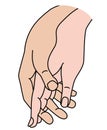 Female and male hand. Concept - tenderness, love and passion. Woman and man holding hands. Linear color hand drawing Royalty Free Stock Photo