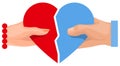 Female and male hand holding heart symbol of love. Two half heart Royalty Free Stock Photo