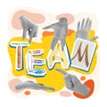 Female and male hands add up the word team. Contemporary colorful art collage. Business lifestyle. Concept of teamwork