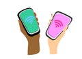 Female and male hands of different colors with smartphones, wifi signs on the screens. Flat design. Vector illustration