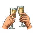 Female and male hands holding and clinking two glasses champagne.
