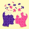 Female and male heads with puzzle pieces. Education, knowledge, psychology, memory, logic concept. Mental and brain