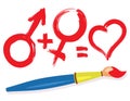 Female male heart symbols and paintbrush