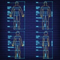 Female, male neon glow size chart anatomy human, people dummy front view side body silhouette isolated on wall background flat