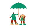 Female and male persons wearing in casual clothes standing together under an umbrella. Man and woman. Vector color illustration Royalty Free Stock Photo