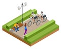 A female and a male police officer on bicycle patrols the streets. Isometric Policeman riding a bicycle.