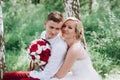 Female and male portrait. Lady and guy outdoors.Wedding couple in love, close-up portrait of young and happy bride and groom at we Royalty Free Stock Photo